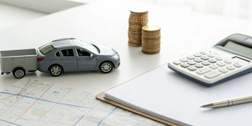 Calculating how much it costs to ship a car with a calculator, coins, and a model car on a trailer.