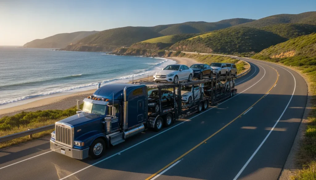 A large commercial car hauling carrier truck on a scenic highway, representing the auto transport dispatch process