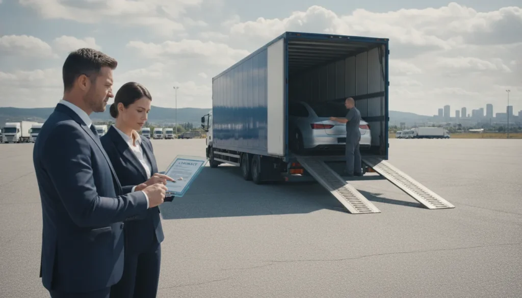 Customer reviewing a contract to avoid car shipping scams