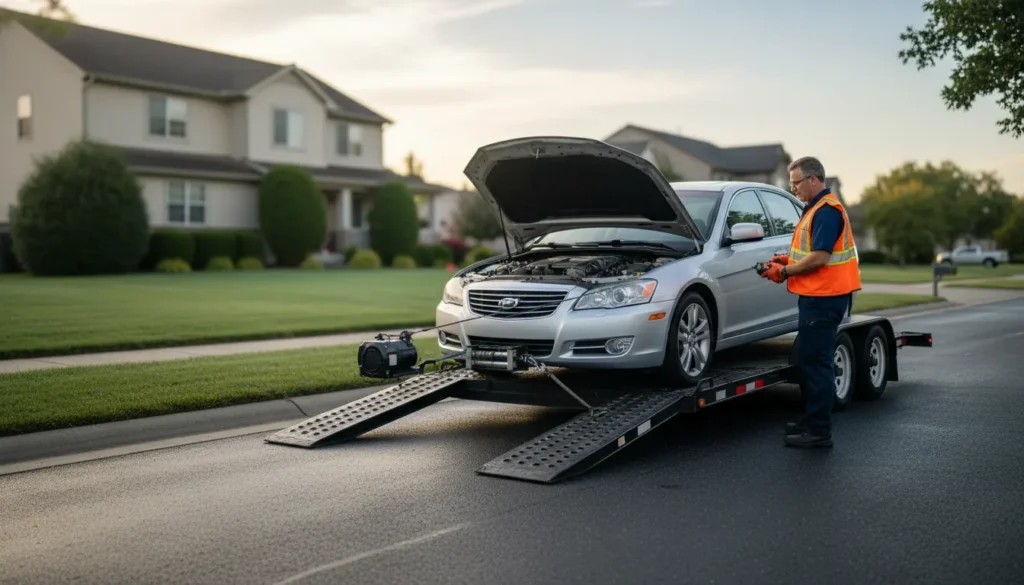 Inoperable car transport loading a non-running sedan onto a carrier