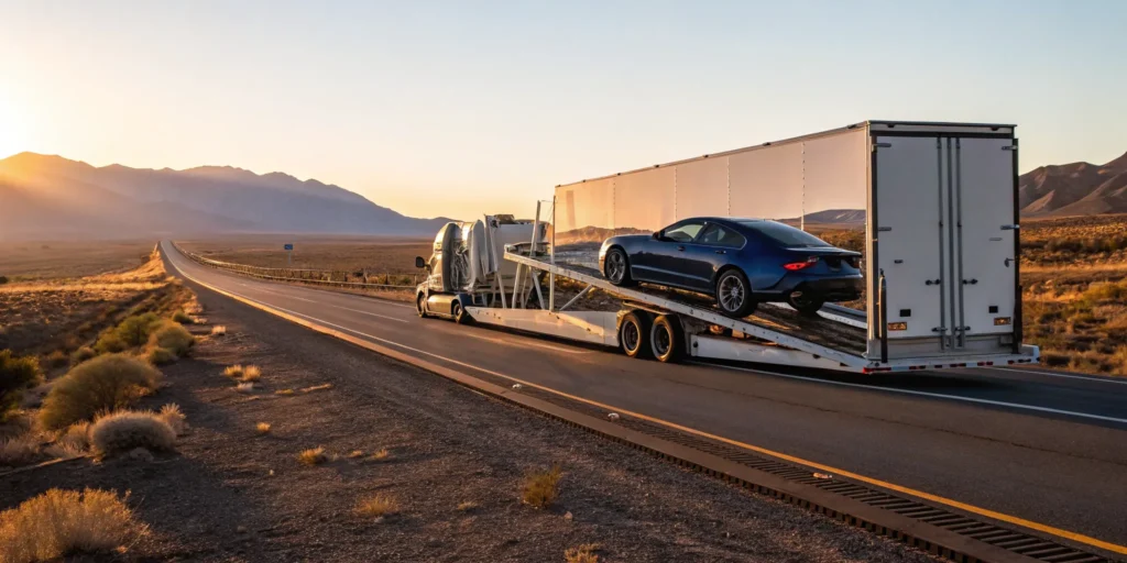 Enclosed auto carrier transporting a car from California to Texas.