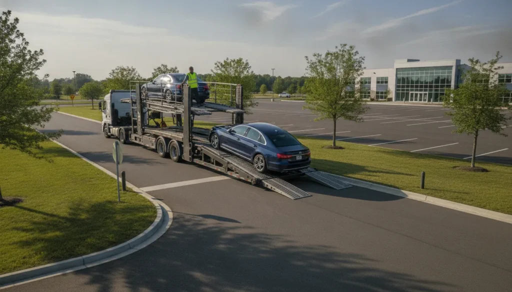 Door-to-door vehicle transport carrier meeting at an accessible pickup point