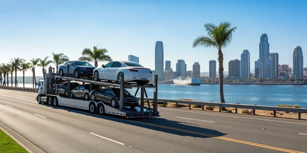 Car shipping to San Diego with a transport truck driving towards the city skyline.