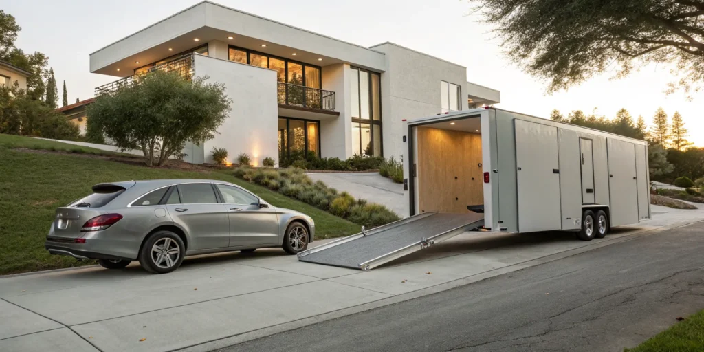 Door to door car shipping service delivering a vehicle via an enclosed trailer.